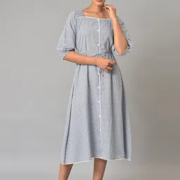 AURELIA Checked Square Neck Pure Cotton A-Line Midi Dress-picture-13