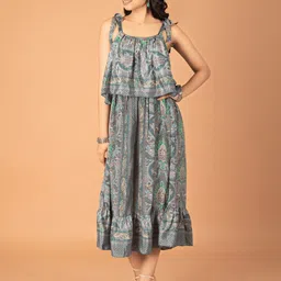 Boholyfe Floral Printed Ruffled A-Line Midi Dress-image-63
