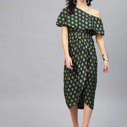 MABISH by Sonal Jain Green Ethnic Motifs One Shoulder A-Line Midi Dress-picture-12