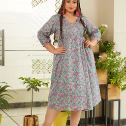 NANGALIA RUCHIRA Plus Size Grey & Pink Floral Printed A-Line Midi Cotton Dress-image-58