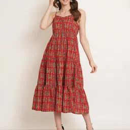 KALINI Paisley Printed A-Line Midi Cotton Ethnic Dress-picture-36