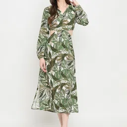 Imfashini V-Neck Tropical Print Puff Sleeve Cotton A-Line Midi Dress image 1