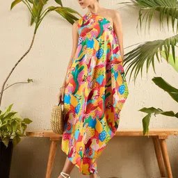 Uptownie Printed A-Line Assymetric One-Shoulder Cowl Crepe Dress image 1