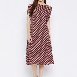 Ruhaans Women Pink & Black Striped Georgette A-Line Midi Dress-image-31