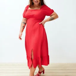 Trendyol Square Neck Puff Sleeves Smocked A Line Midi Dress image 1