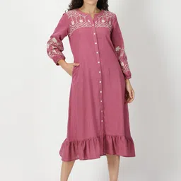 Saffron Threads Solid Mandarin Collar Cotton A-Line Midi Dress-picture-21