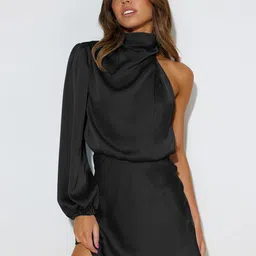 StyleCast Black One Shoulder Puff Sleeves A-Line Mini Dress-image-11
