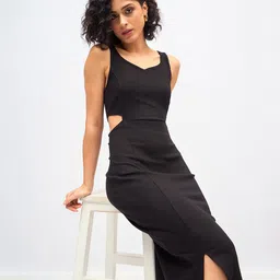 SASSAFRAS Black Cut-Out Midi Sheath Dress-picture-36
