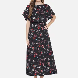 Indietoga Women Black Floral Cape Maxi Dress-image-1