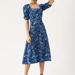 DressBerry Floral Printed Square Neck A-Line Midi Dress-image-77
