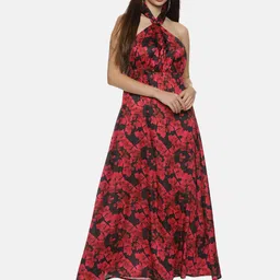 ISU Floral Printed Halter Neck Satin Fit & Flare Maxi Dress-picture-19