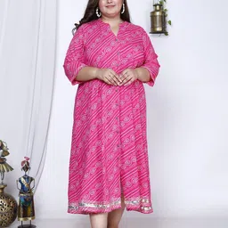 KALINI Floral Printed Mandarin Collar Fit & Flare Midi Ethnic Dress-picture-35