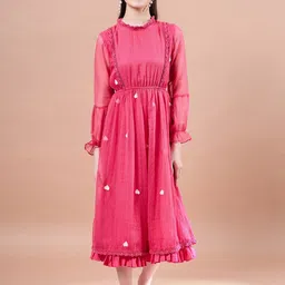 pspeaches Girls Round Neck Puff Sleeves Fit & Flare Midi Dress-picture-13
