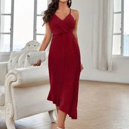 StyleCast Maroon Shoulder Strap Fit & Flare Midi Dress-picture-33