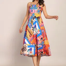 KAORI BY SHREYA AGARWAL Shoulder Straps Abstract Print Georgette Fit & Flare Midi Dress-picture-25