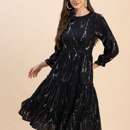 Moomaya Abstract Print Round Neck Long Puff Sleeve Fit & Flare Tiered Dress-picture-33
