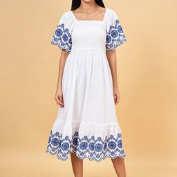 Honey by Pantaloons Schiffli Work Machine Wash Smocked Fit & Flare Midi Dress-picture-31