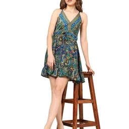 KALINI Floral Printed Shoulder Straps Fit & Flare Mini Dress-image-96