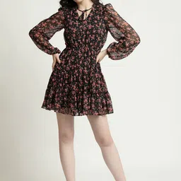 June 9 Clothing Floral Printed Fit & Flare Tie-Up Neck Mini Dress-image-48