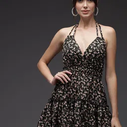 TANDUL Floral Print Tie-Up Neck Fit & Flare Mini Dress image 1