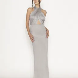 Contemponari Women Halter Neck Satin Maxi Gown Dress-image-2