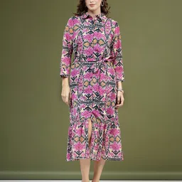 plusS Violet Floral Printed Shirt Midi Dress-picture-31