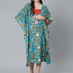 antaran Floral Printed Extended Sleeves Maternity Cotton Kaftan Midi Dress-picture-15