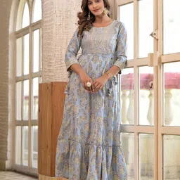 Varanga Ethnic Motif Mirror Work Embroidered Yoke Tiered Dress-picture-31