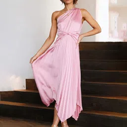 StyleCast Pink Accordion Pleated One Shoulder Maxi Cotton Dress-image-70