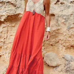 StyleCast Red Self Design V-Neck Tiered Cotton Maxi Dress-image-13