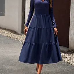 StyleCast Blue V-Neck Tiered Midi Fit and Flare Dress-picture-37