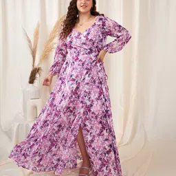 Berrylush Curve Plus Size White & Purple Floral Printed Waist Tie-Ups Wrap Maxi Dress image 1