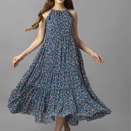 Fbella Floral Printed Shoulder Strap Gathered Georgette Fit & Flare Midi Dress image 1