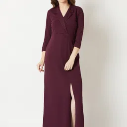 DressBerry Maroon Lapel Collar Maxi Dress-image-19