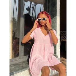 SASSAFRAS Women Pink A-Line Tiered Mini Dress image 1