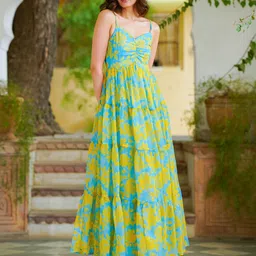 Ambraee Floral Printed Sweetheart Neck Fit and Flare Maxi Dress-picture-18