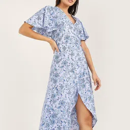 Styli Women Purple Flared Short Sleeves V Neck Floral Print Wrap Midi Dress-picture-16