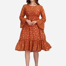 GUFRINA Orange Floral Georgette Empire Midi Dress-image-0