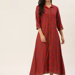 HERE&NOW Women Red Ethnic Motifs Printed Maxi Ethnic Dress image 1