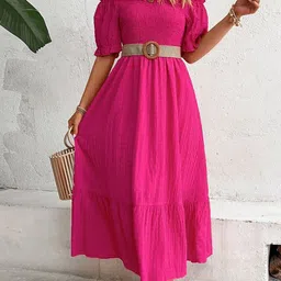 StyleCast Pink Off-Shoulder Puff Sleeves Cotton Fit and Flare Midi Dress-image-97