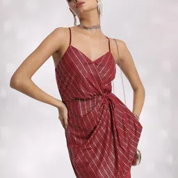 Tokyo Talkies Red & Gold-Toned Shoulder Straps Striped Mini Wrap Dress-picture-31