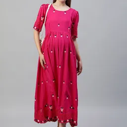 Swishchick Floral Embroidered Gathered  Midi A-Line Maternity Dress-picture-22