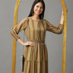 SHOWOFF Olive Green Ethnic Motifs Layered Chiffon Ethnic Maxi Dress-picture-13