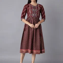 W Maroon Ethnic Motifs Ethnic Midi Dress image 1