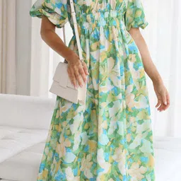 StyleCast Green Floral Printed Puff Sleeves A-Line Maxi Dress image 2