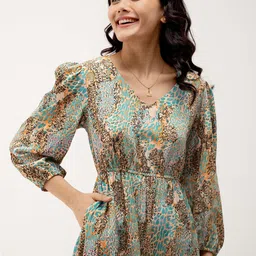 AASK Self Designed V-Neck Puff Sleeves Fit & Flare Midi Dress image 4