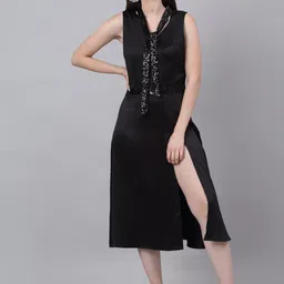 NEUDIS Black Satin A-Line Front Slit Midi Dress with a Tie up Scarf image 3