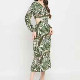 Imfashini V-Neck Tropical Print Puff Sleeve Cotton A-Line Midi Dress image 3