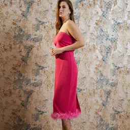 Athena Fuchsia Fringed Detailed Strapless Scuba Bodycon Midi Dress image 3