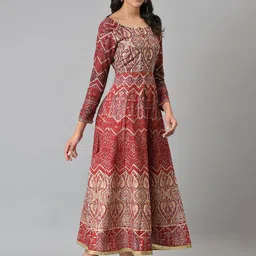 W Maroon & Beige Ethnic Motifs Chiffon Ethnic Maxi Dress image 3
